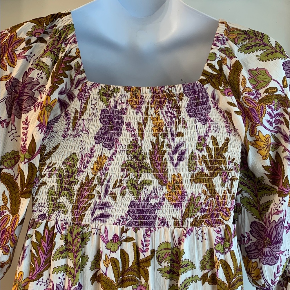Angie Women's Boho Floral Smocked Square Neckline Longsleeve Dress Size M - Picture 7 of 10
